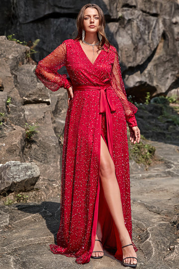 Vestido de Graduación Cuello en V Rojo Oscuro Talla Grande